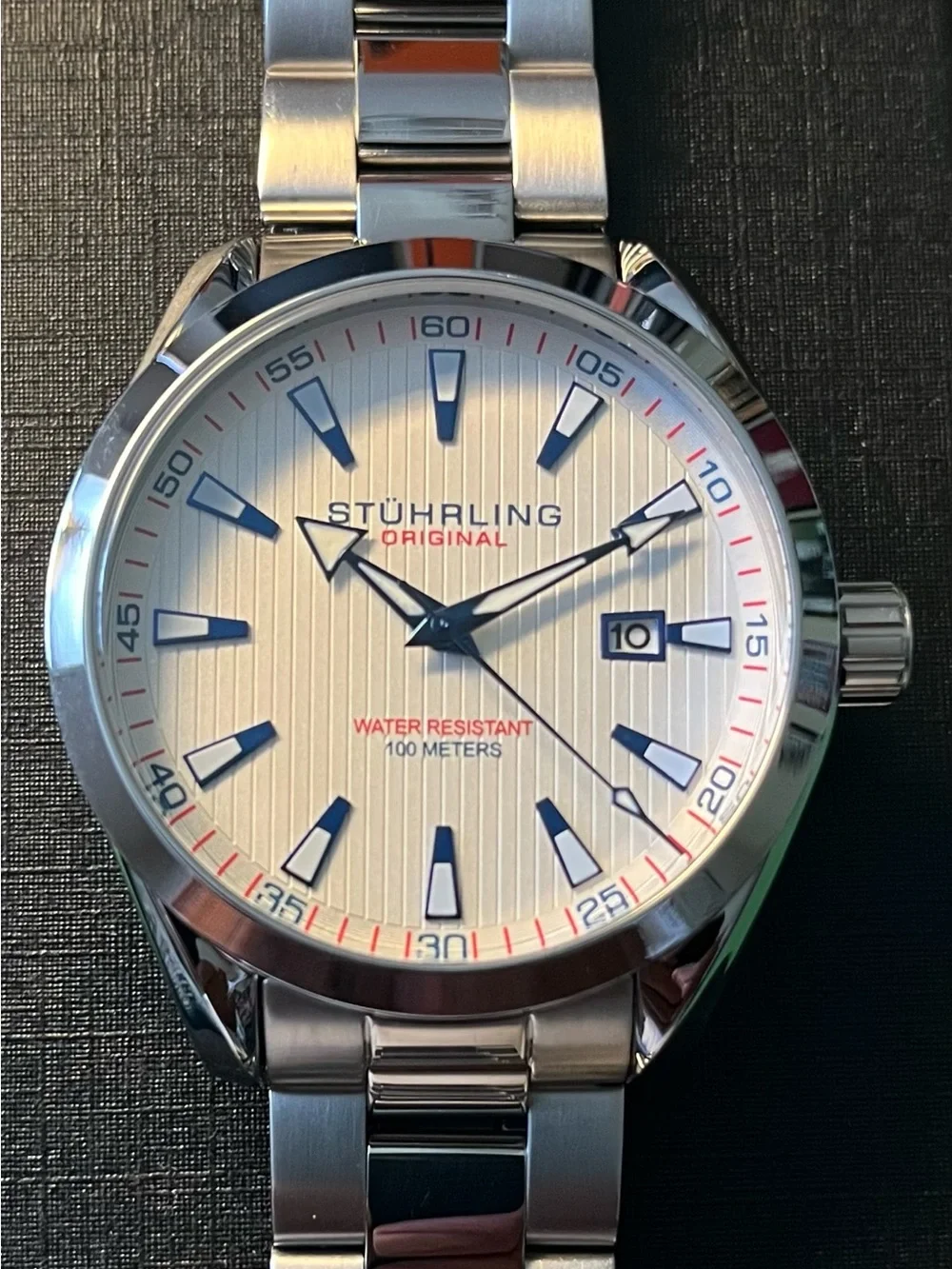 Stührling Original Stainless Steel Men's Watch - White Dial, Blue Accents